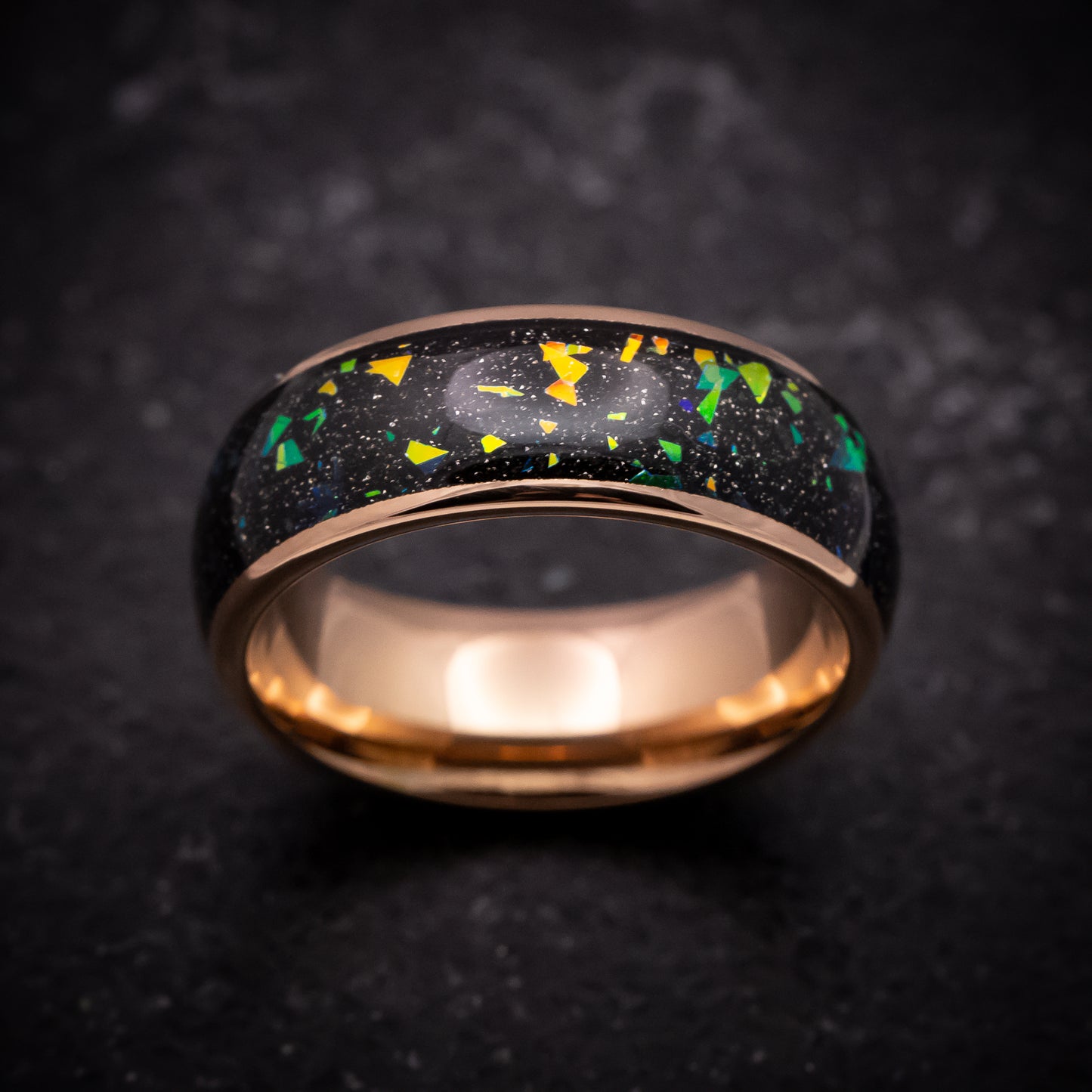 Rose Gold Tungsten Ring with Opal and Abalone Inlay