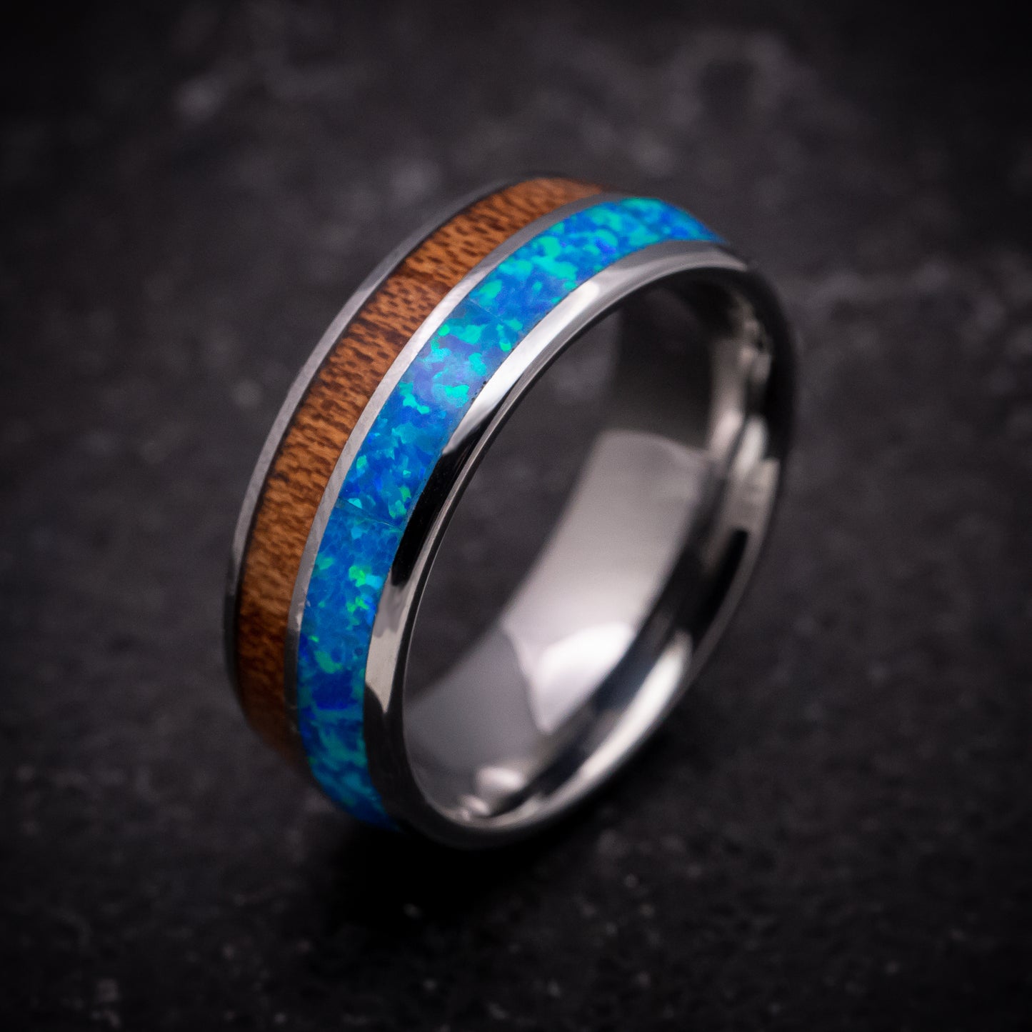 Tungsten Ring with Opal and Hawaiian Koa Wood Inlays