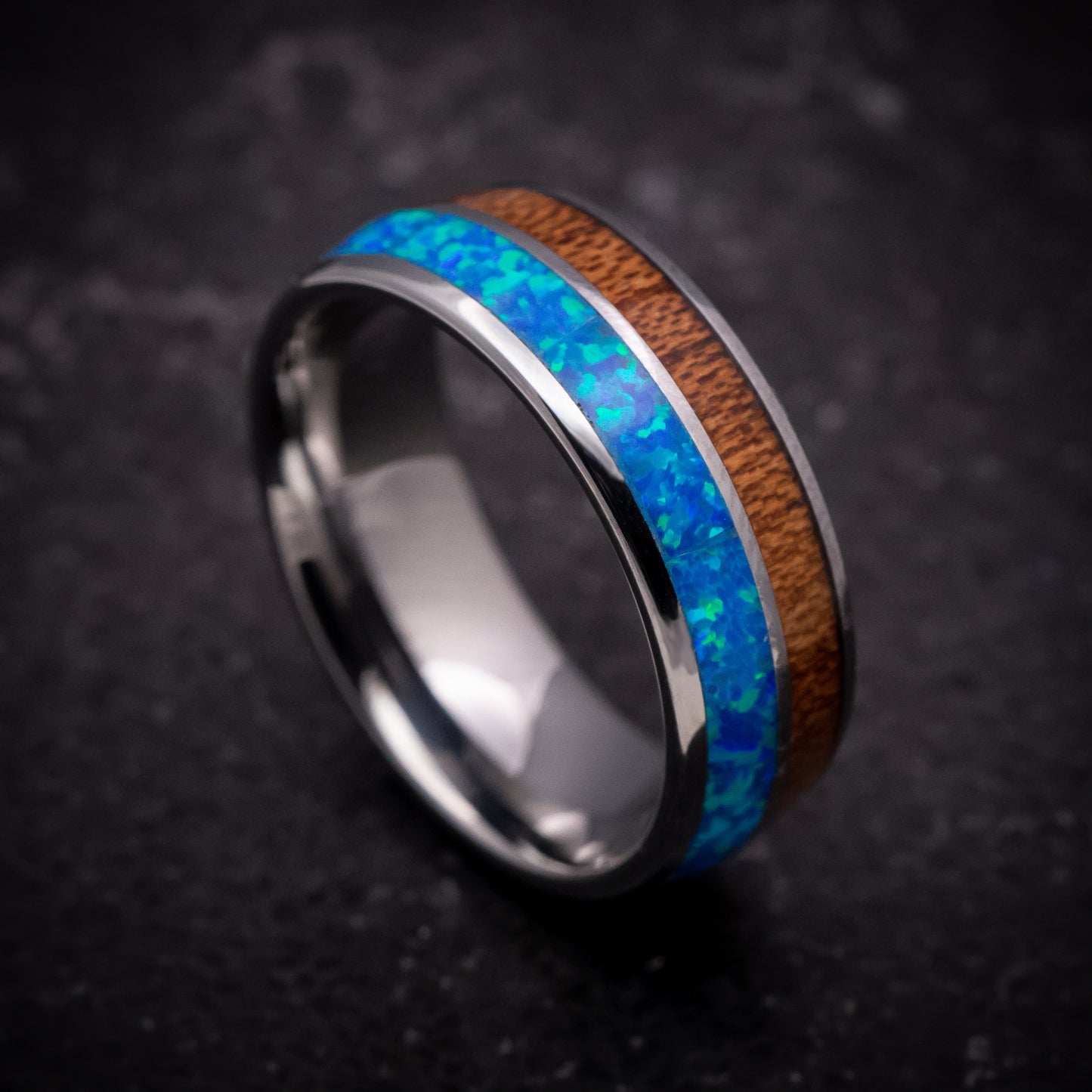 Tungsten Ring with Opal and Hawaiian Koa Wood Inlays