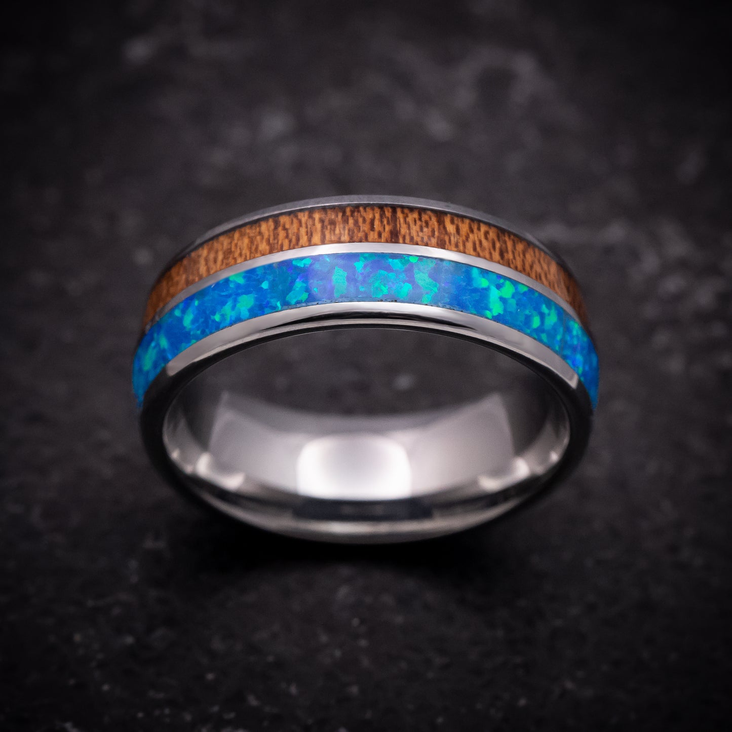 Tungsten Ring with Opal and Hawaiian Koa Wood Inlays