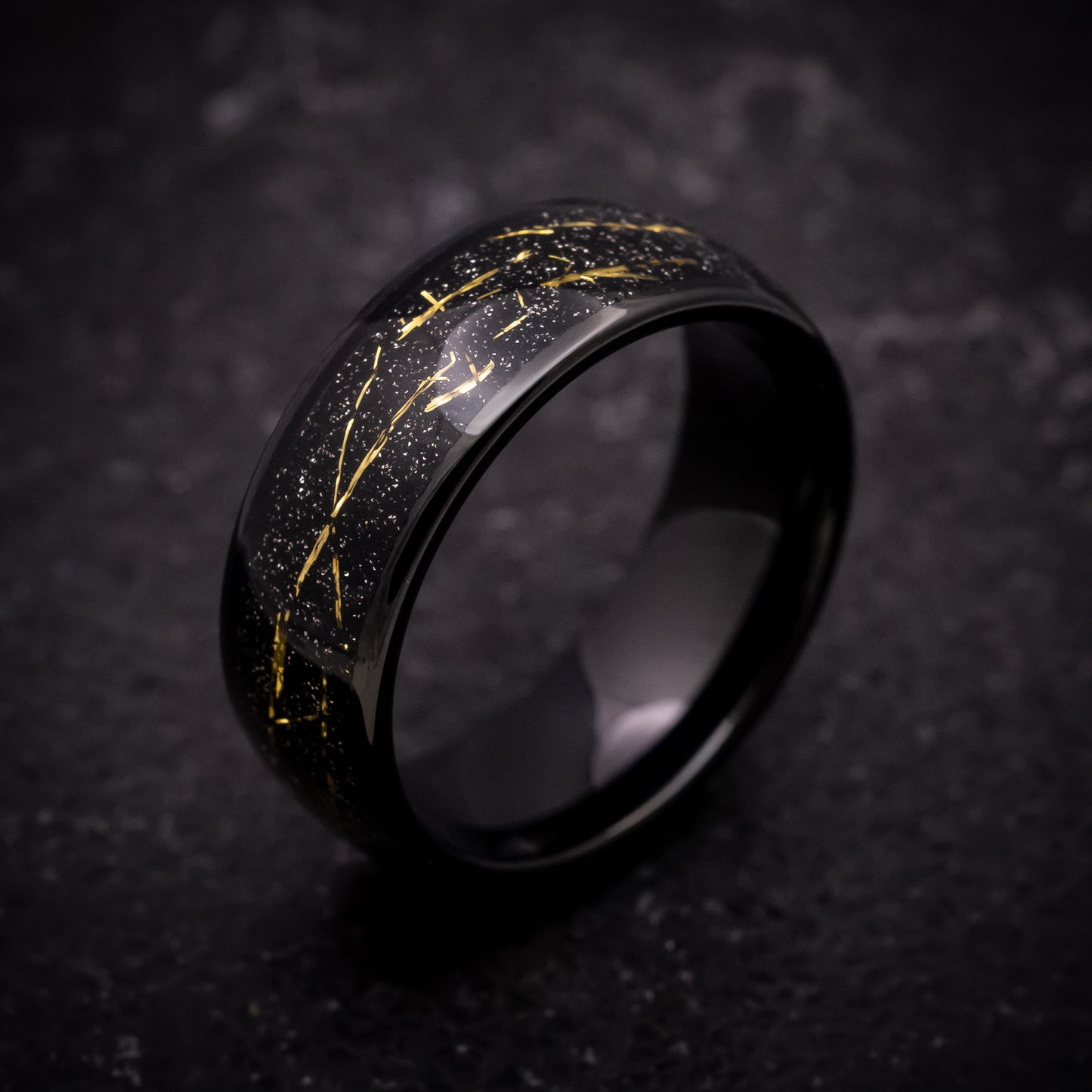 Black Tungsten Ring with Black and Gold Galaxy Inlay