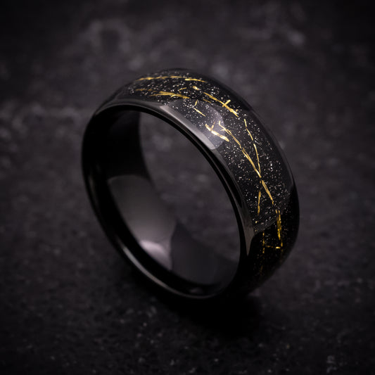 Black Tungsten Ring with Black and Gold Galaxy Inlay