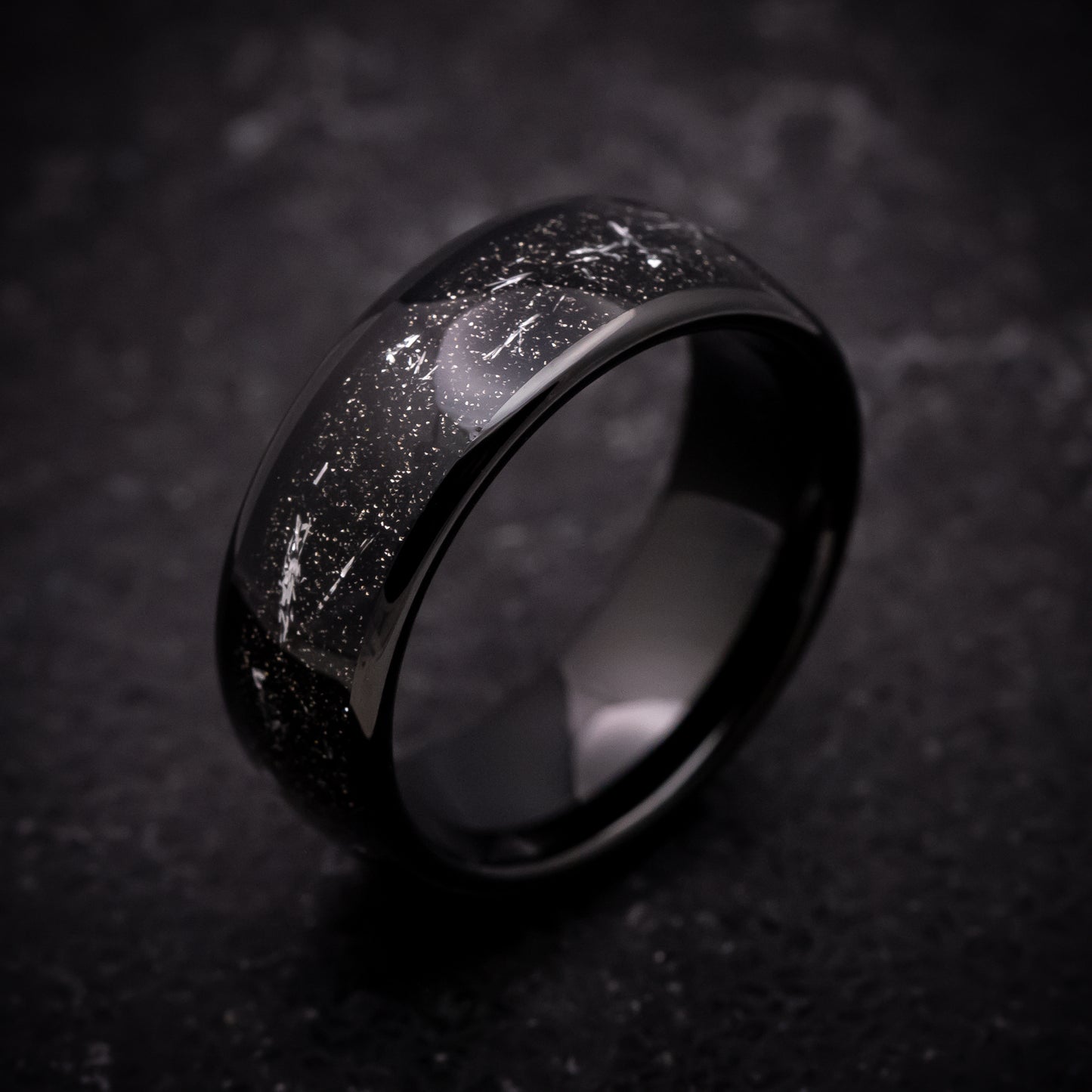 Black Tungsten Ring with Black and Silver Galaxy Inlay