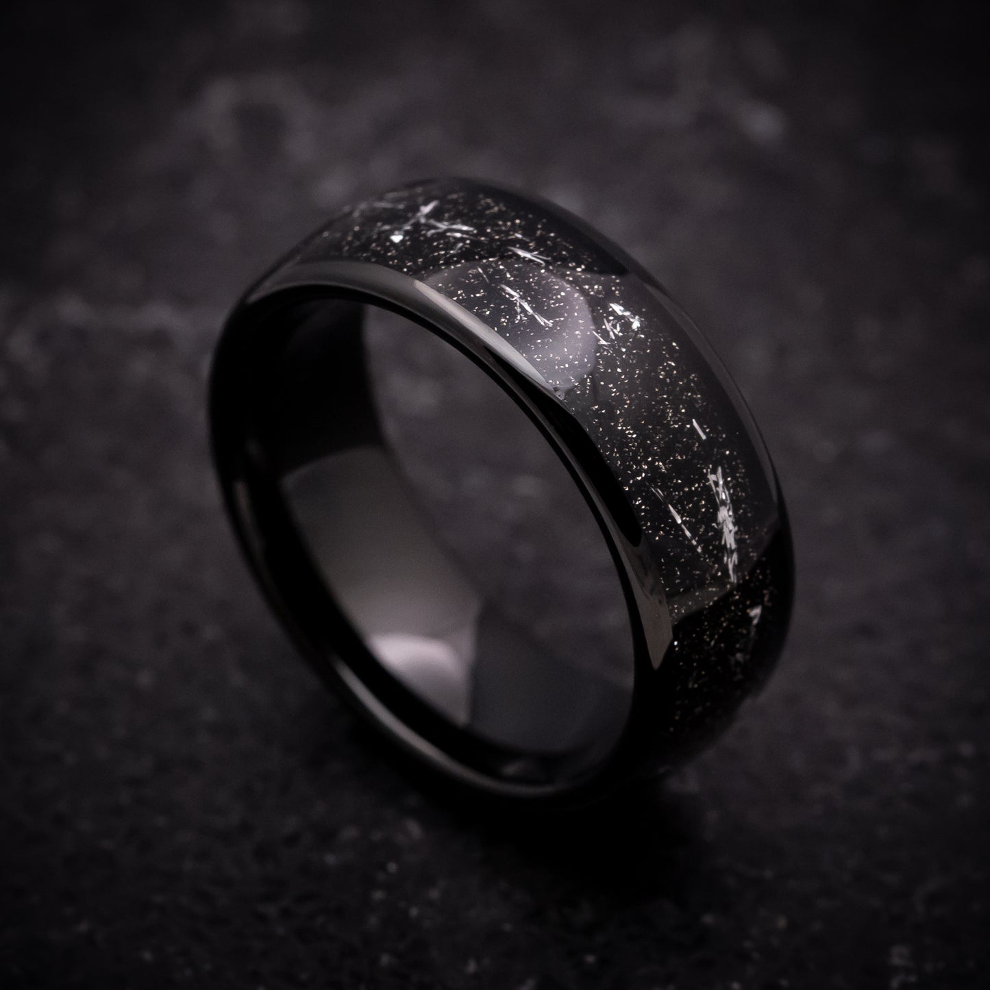 Black Tungsten Ring with Black and Silver Galaxy Inlay