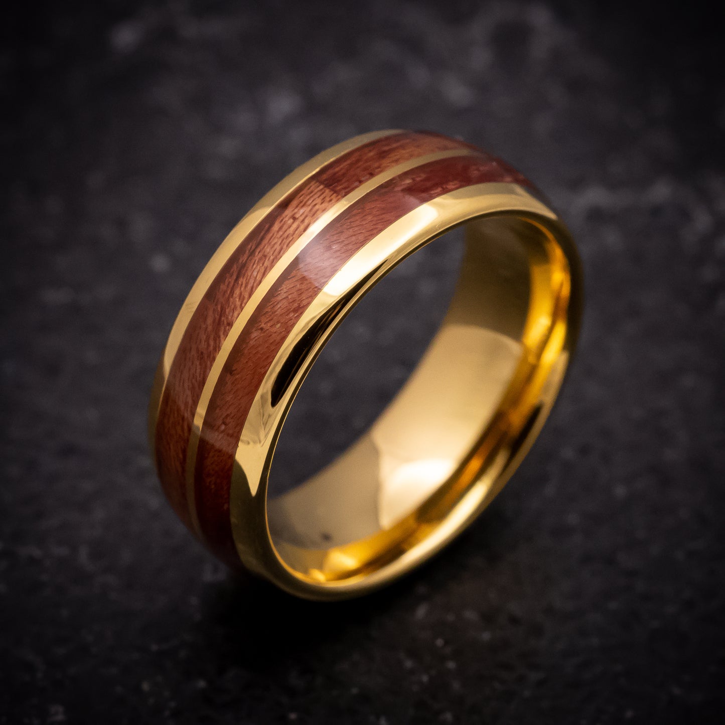 Yellow Gold Tungsten Ring with Hawaiian Koa Wood Inlays