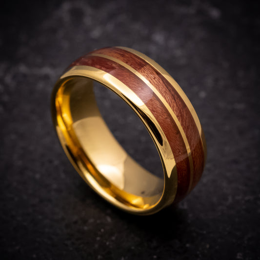 Yellow Gold Tungsten Ring with Hawaiian Koa Wood Inlays