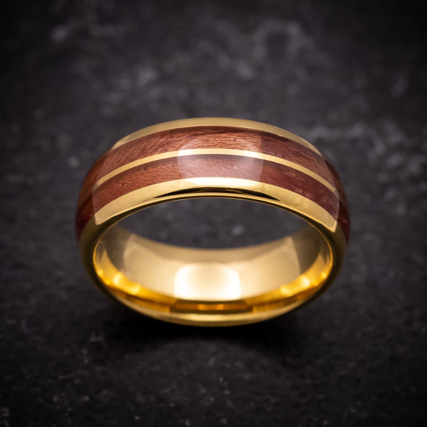 Yellow Gold Tungsten Ring with Hawaiian Koa Wood Inlays