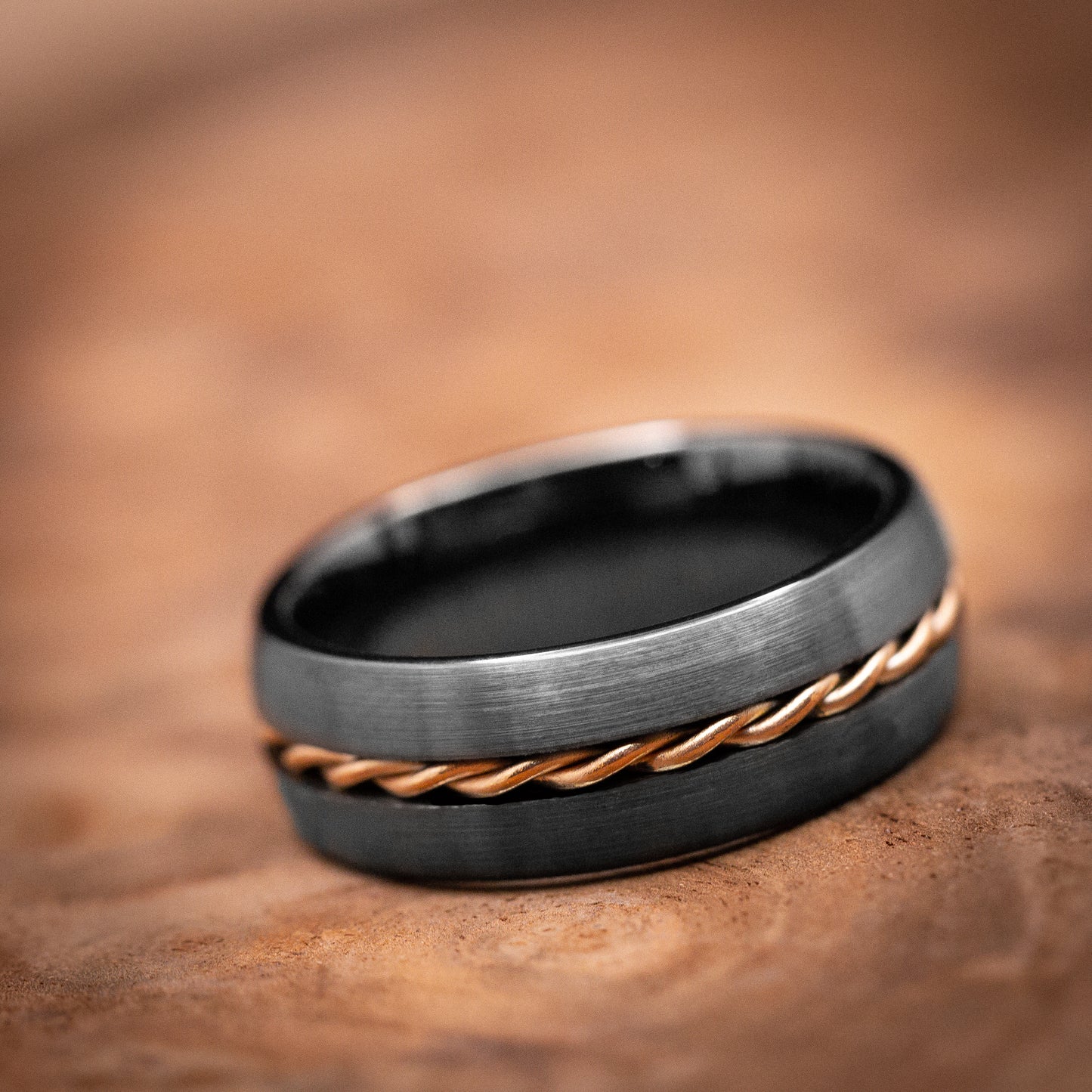 Gun Metal Tungsten Ring with Rose Gold Rope Inlay