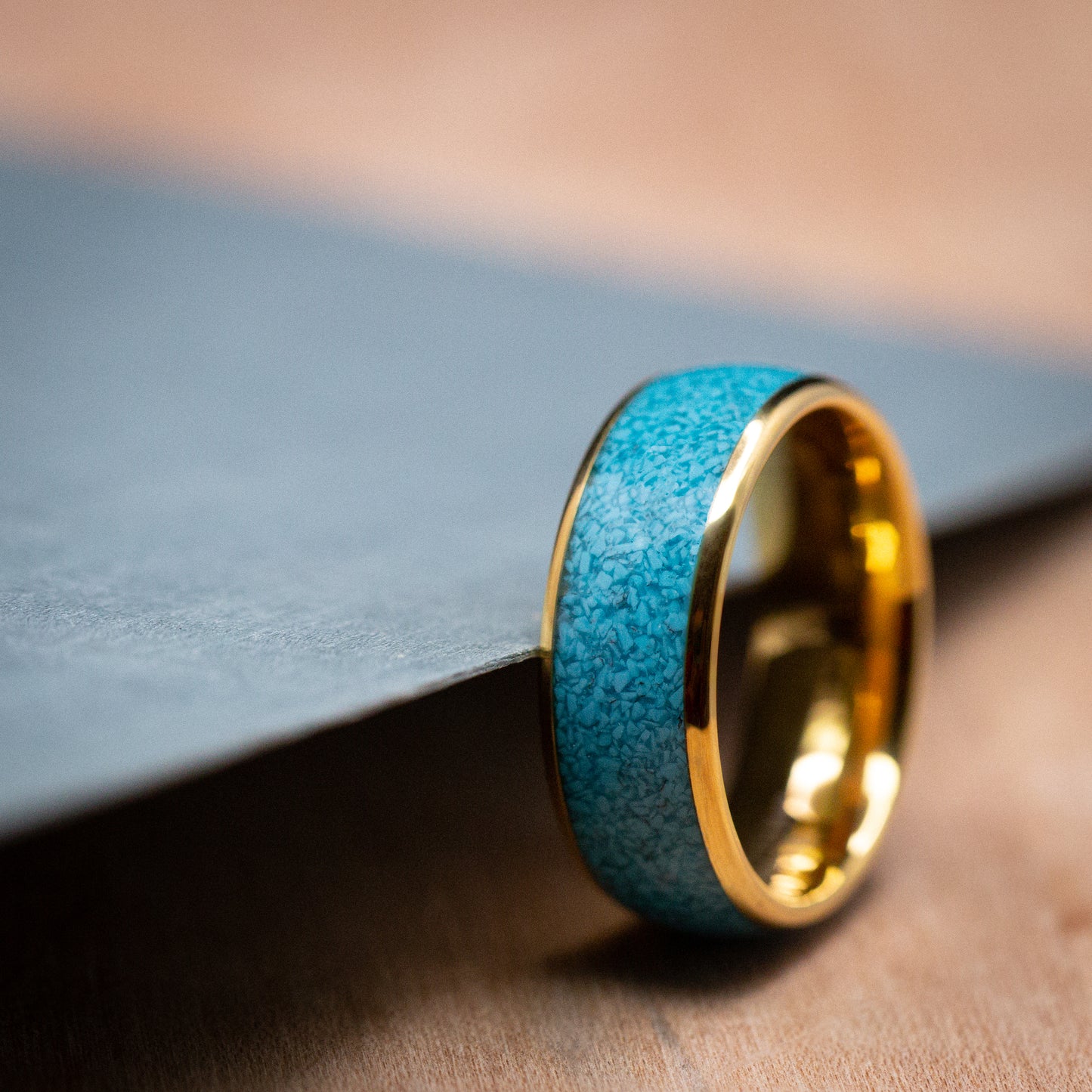 Yellow Gold Tungsten Ring with Turquoise Inlay