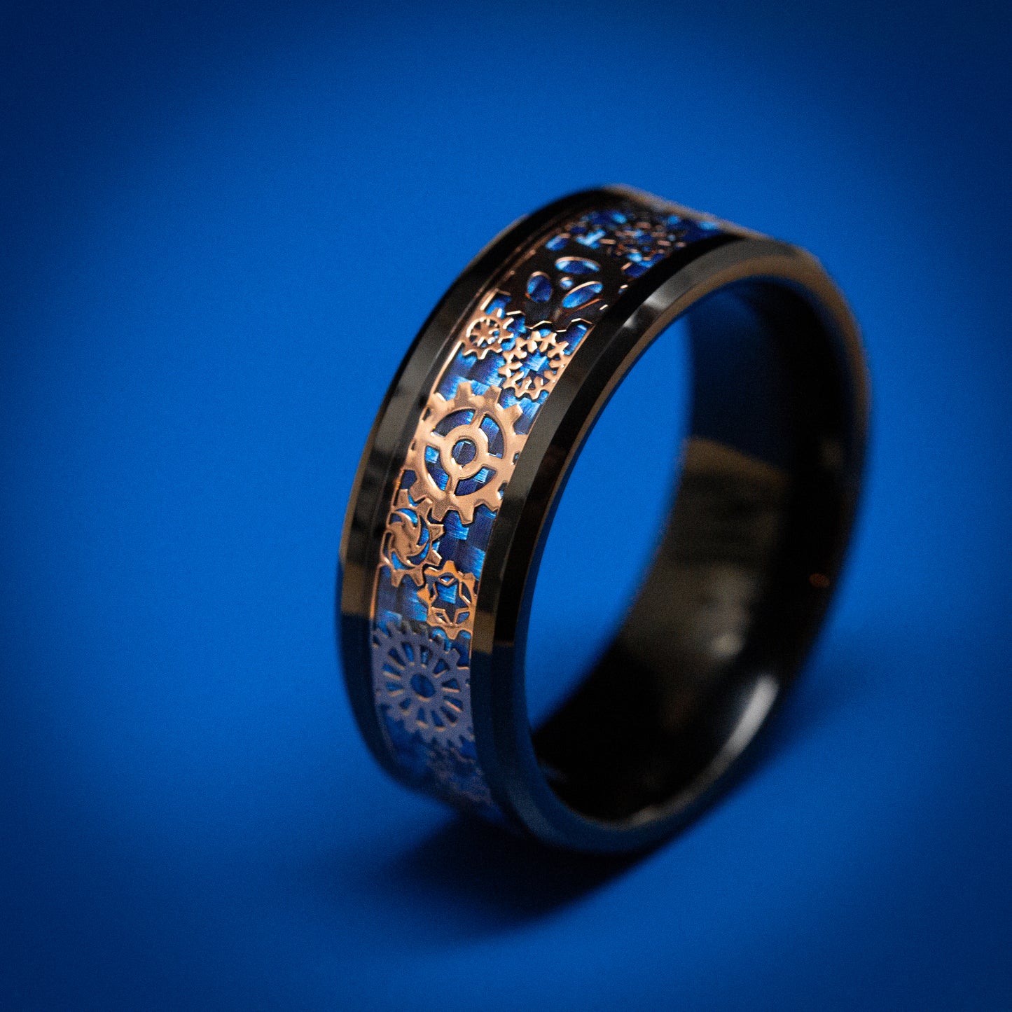 Black Tungsten Ring with Blue Carbon Fiber and Mechanical Pattern