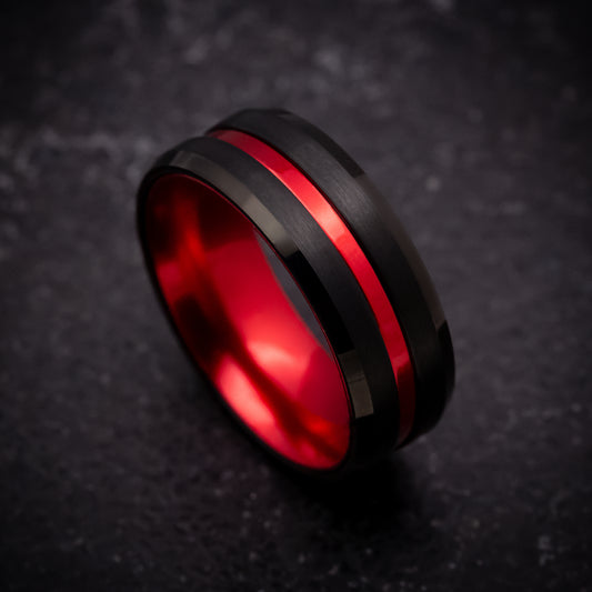 Black Tungsten Ring with Anodized Red Accents