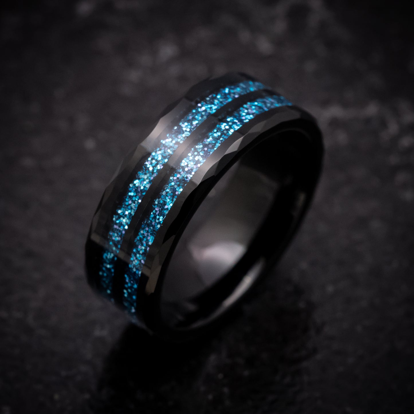 Black Tungsten Ring with Blue Spark Inlays