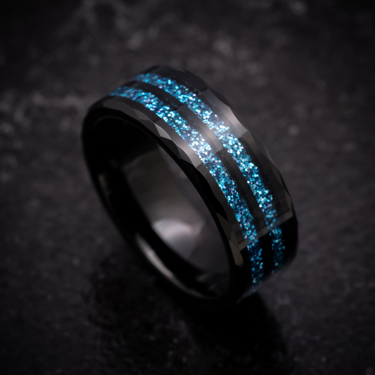 Black Tungsten Ring with Blue Spark Inlays