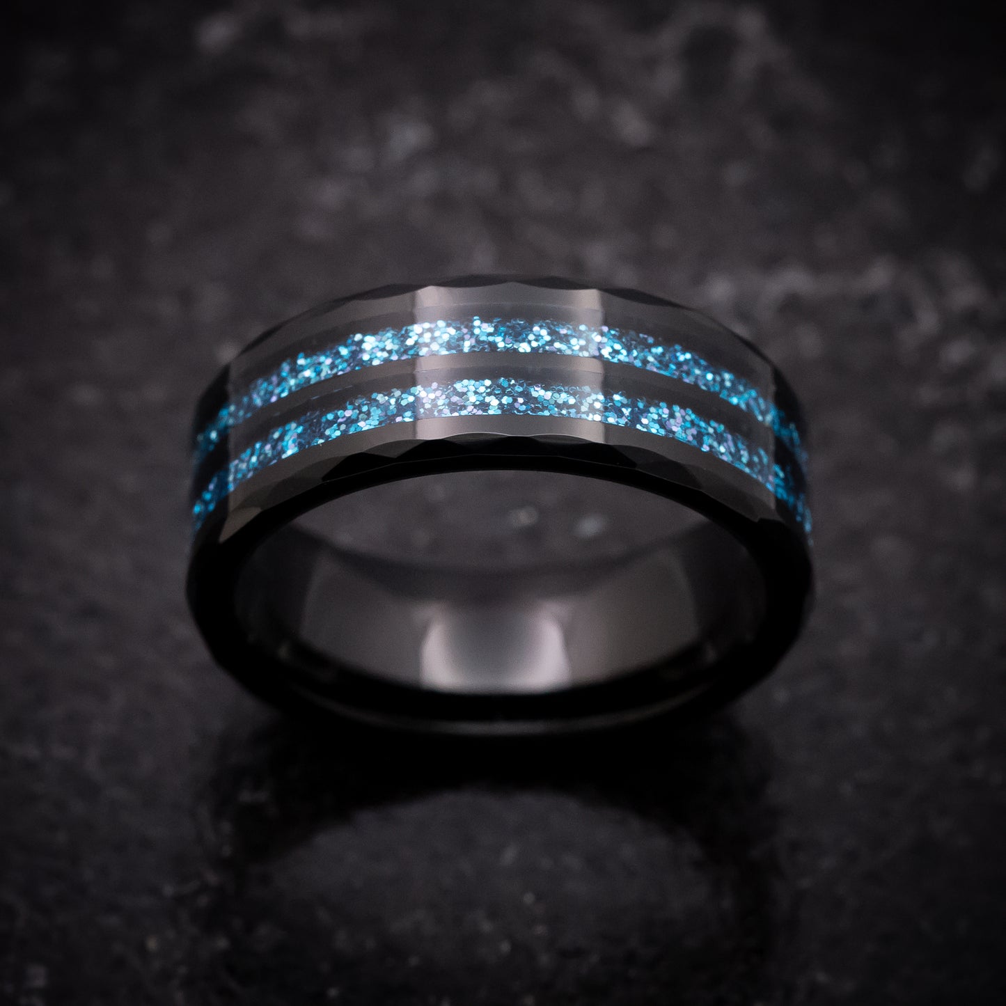 Black Tungsten Ring with Blue Spark Inlays