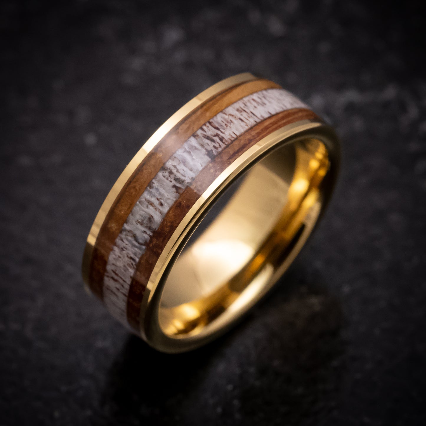 Yellow Gold Tungsten Ring with Whiskey Barrel Wood and Antler Inlays