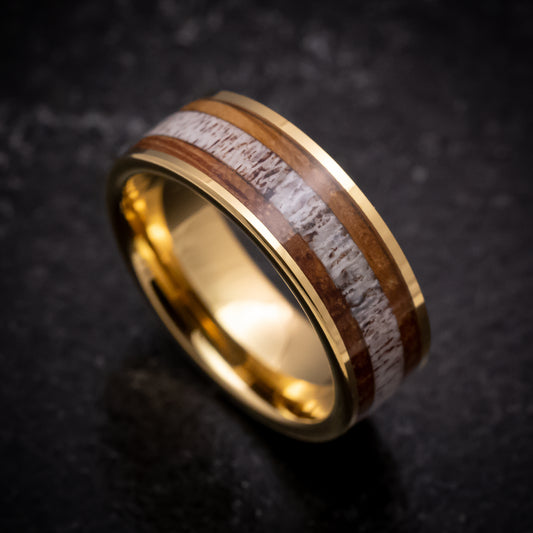 Yellow Gold Tungsten Ring with Whiskey Barrel Wood and Antler Inlays