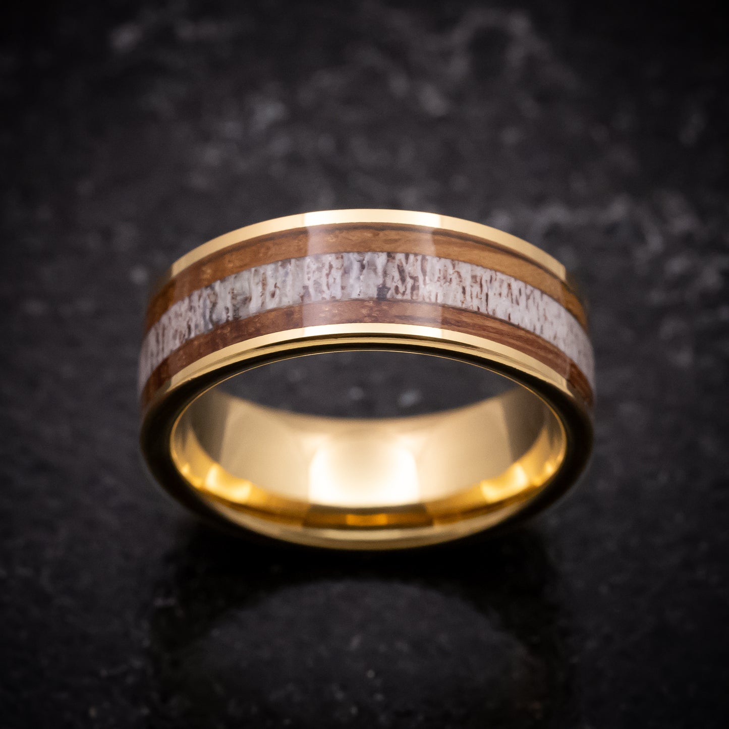 Yellow Gold Tungsten Ring with Whiskey Barrel Wood and Antler Inlays