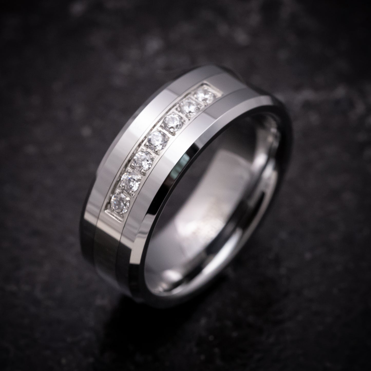 Tungsten Ring with Round White Stone Inlay