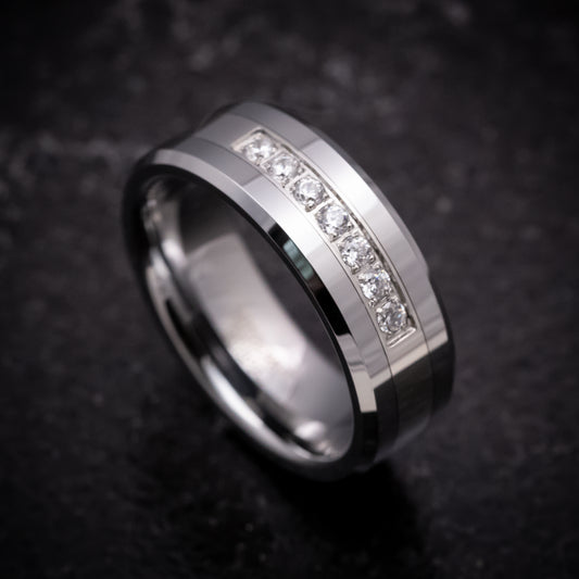 Tungsten Ring with Round White Stone Inlay