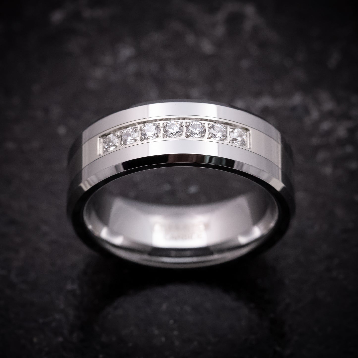 Tungsten Ring with Round White Stone Inlay