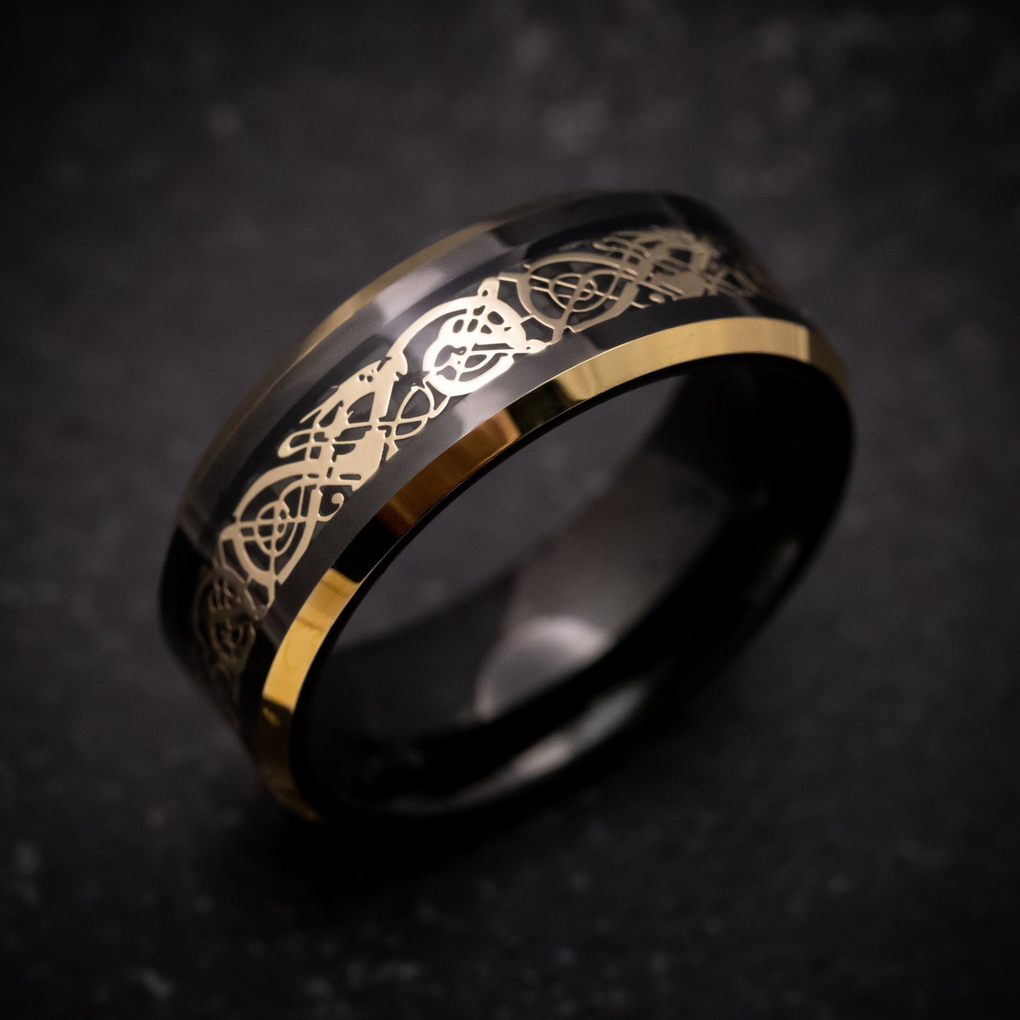 Black Tungsten Ring with Gold Dragon Inlay