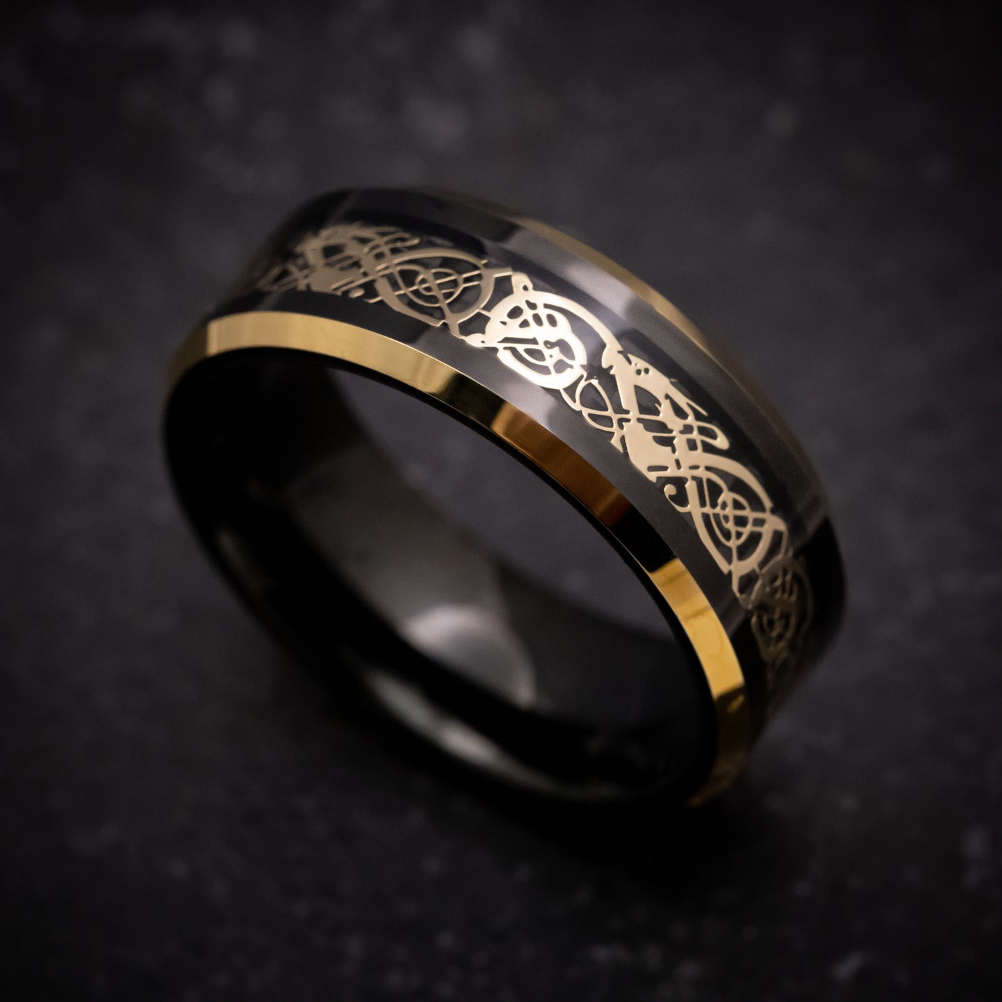 Black Tungsten Ring with Gold Dragon Inlay