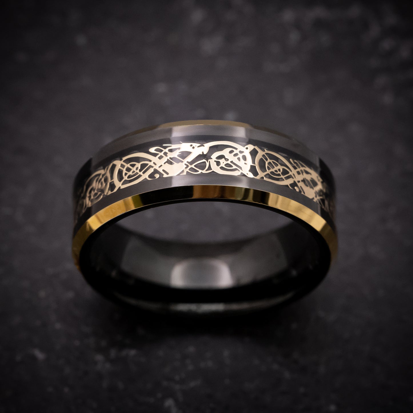 Black Tungsten Ring with Gold Dragon Inlay