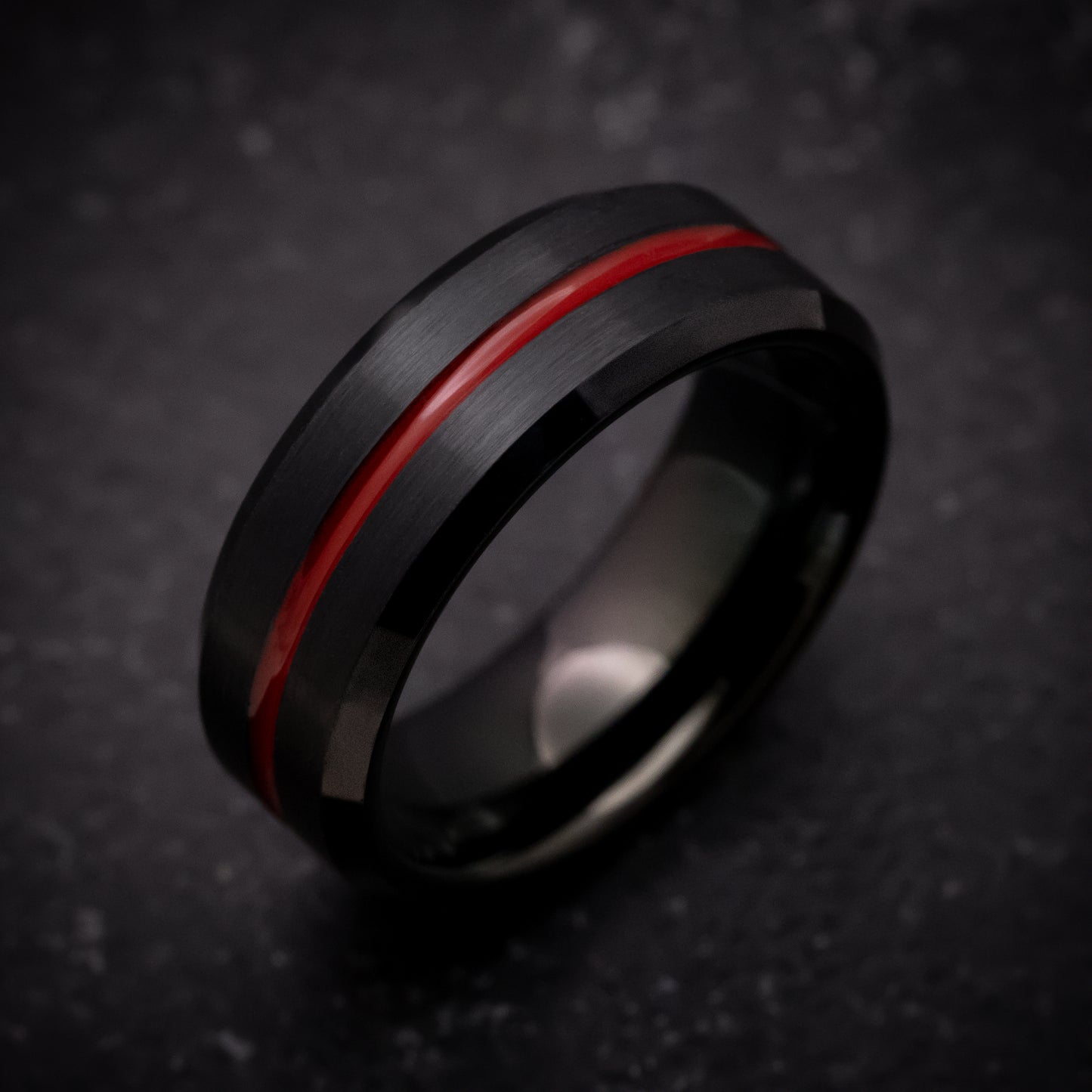 Black Tungsten Ring with Red Line Inlay