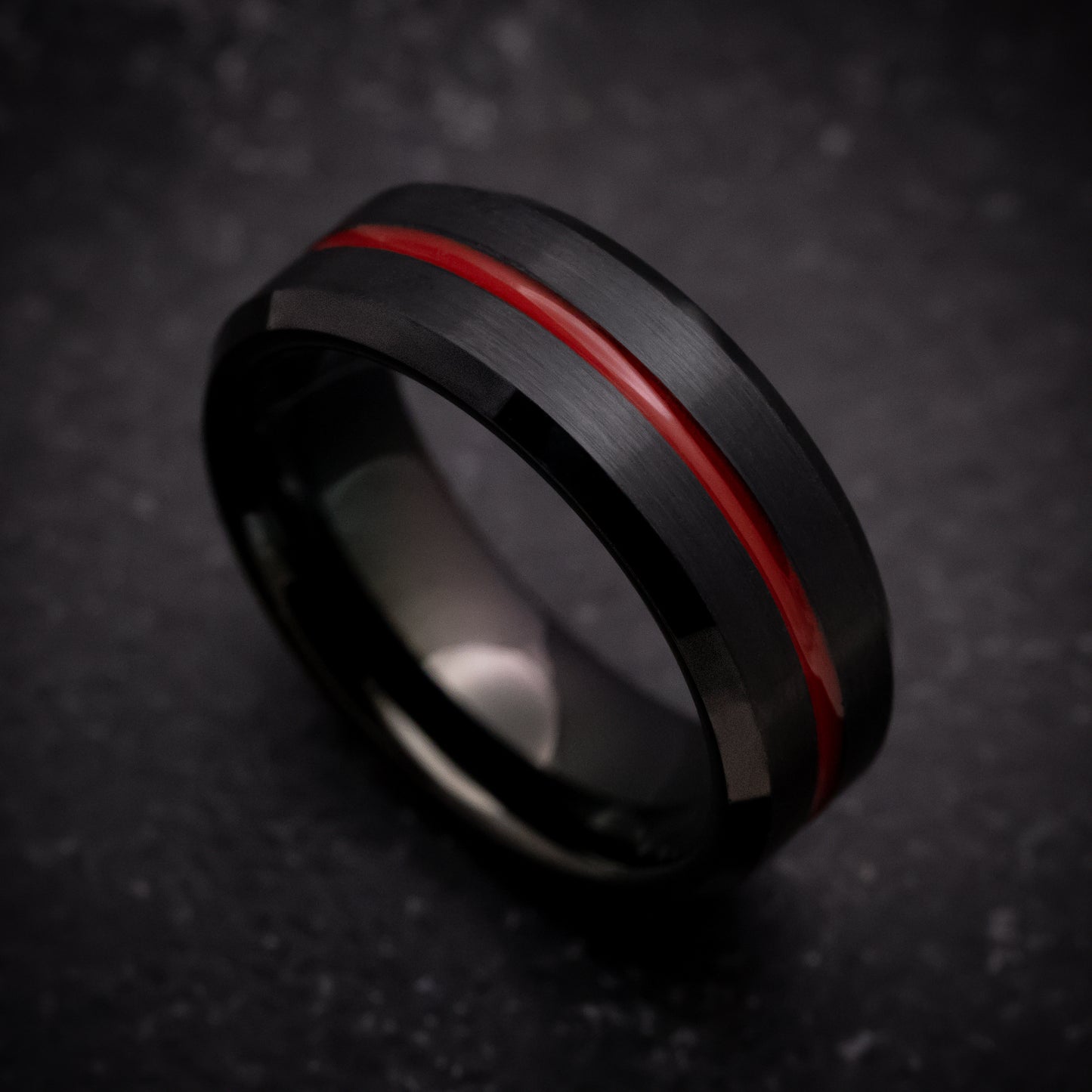 Black Tungsten Ring with Red Line Inlay