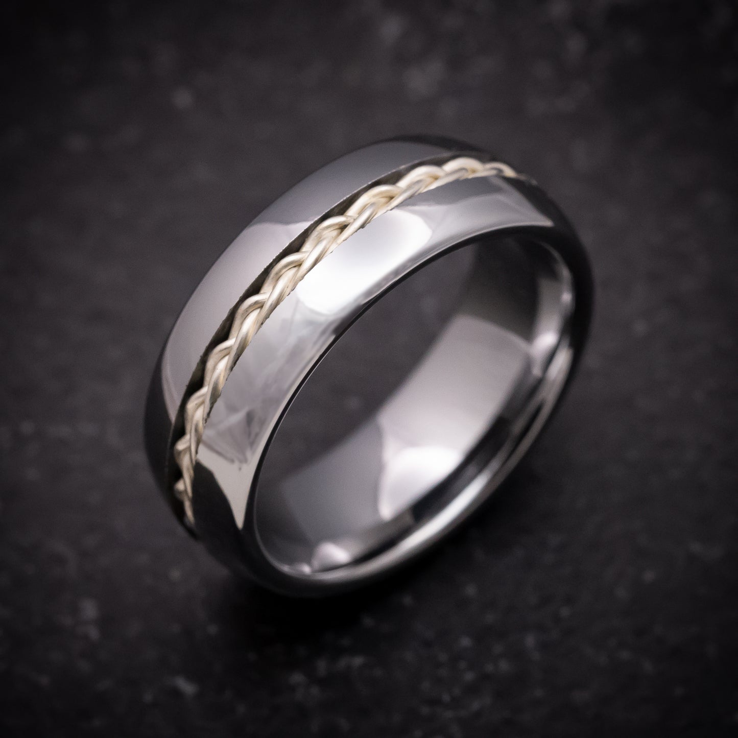 Tungsten Ring with Silver Rope Inlay