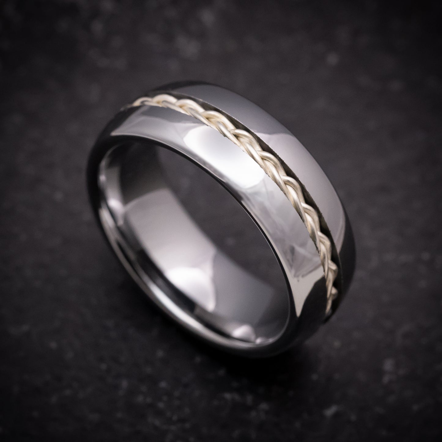 Tungsten Ring with Silver Rope Inlay