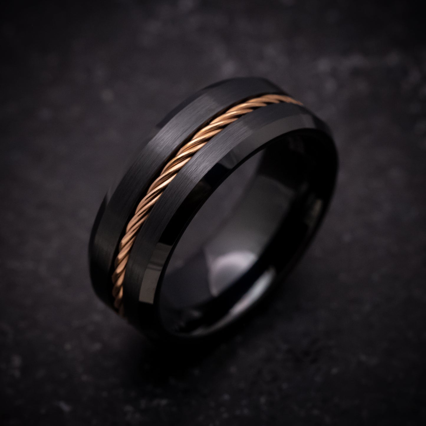 Black Tungsten Ring with Rose Gold Rope Inlay