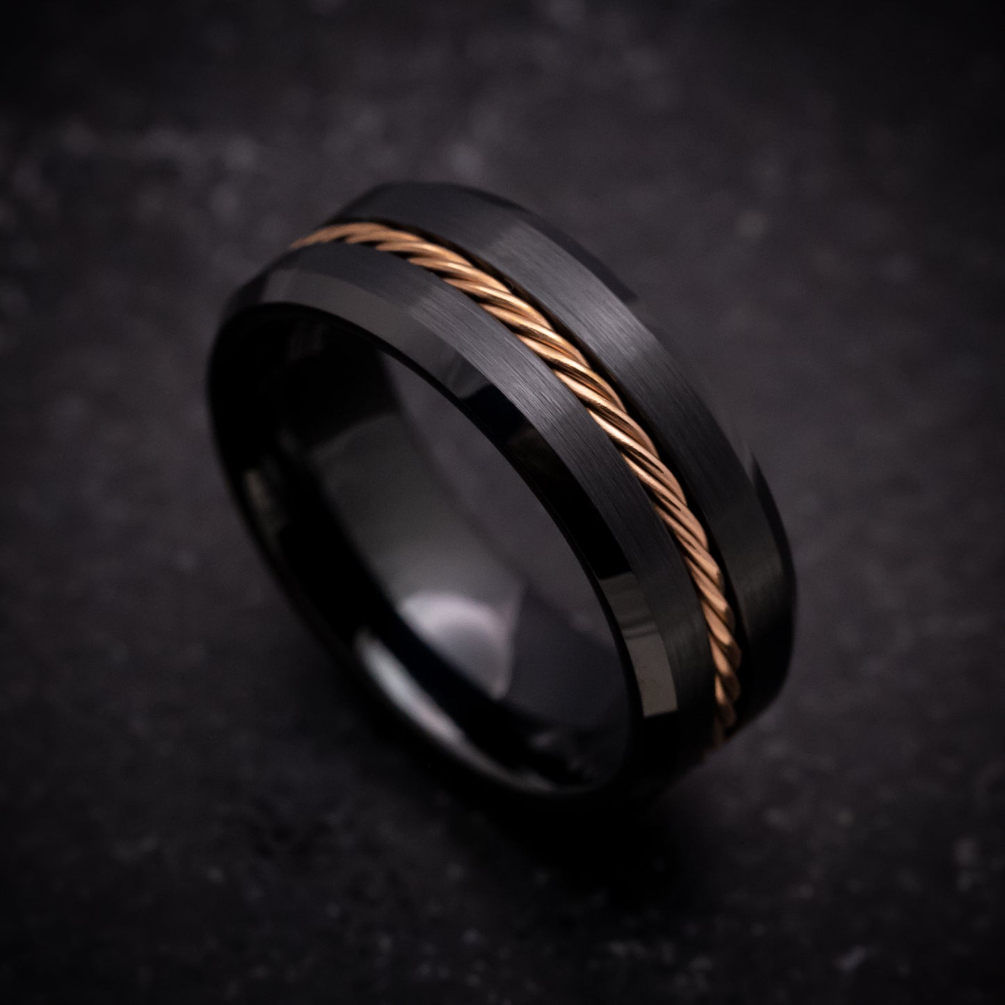 Black Tungsten Ring with Rose Gold Rope Inlay