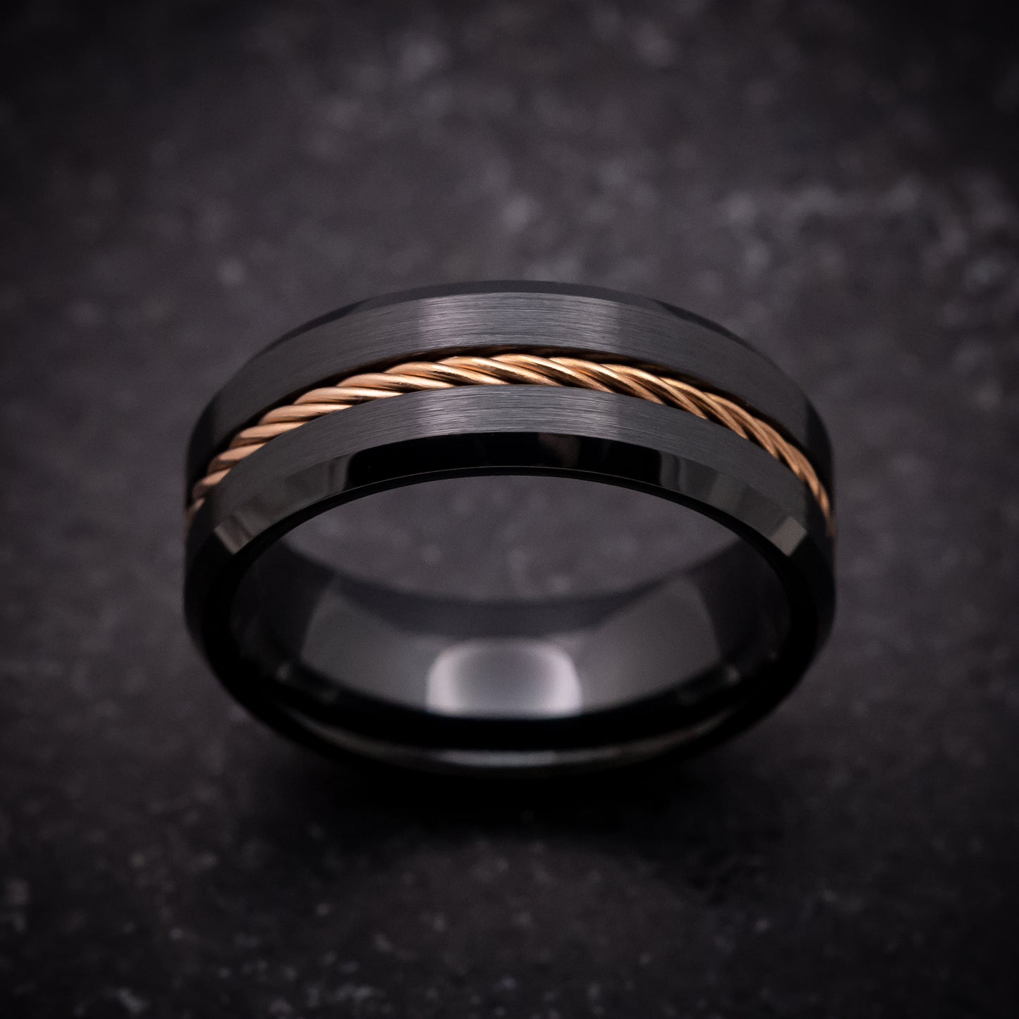 Black Tungsten Ring with Rose Gold Rope Inlay