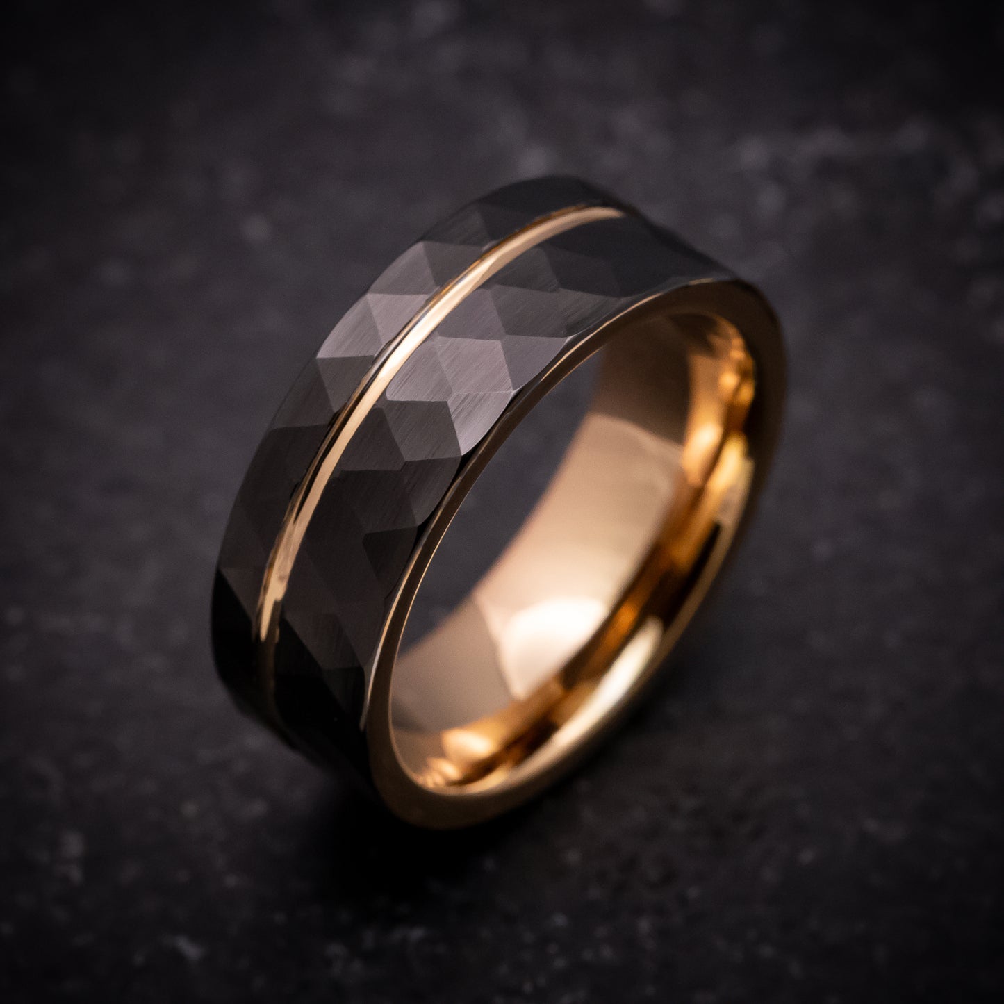 Black Tungsten Faceted Ring with Rose Gold Inlay and Sleeve