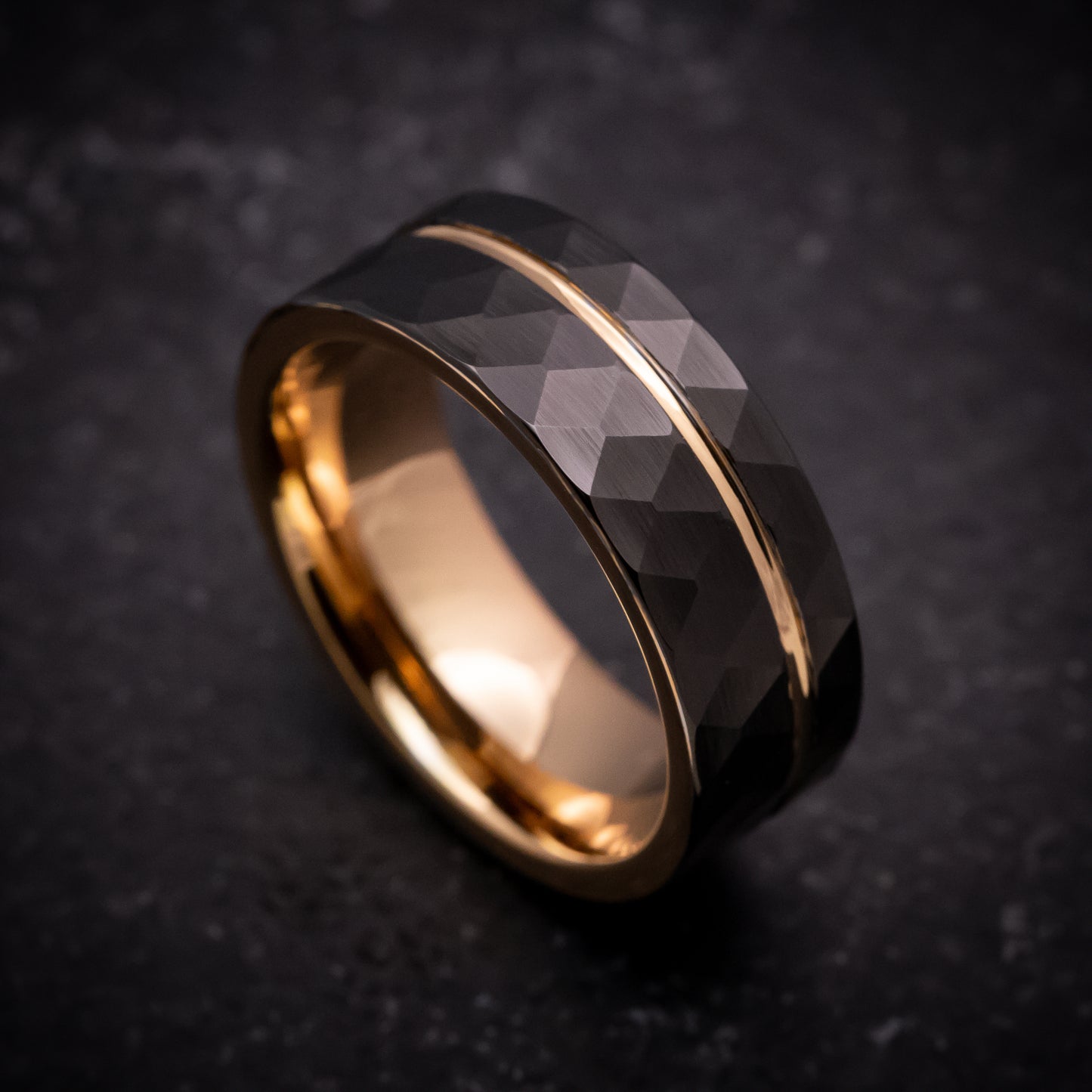 Black Tungsten Faceted Ring with Rose Gold Inlay and Sleeve