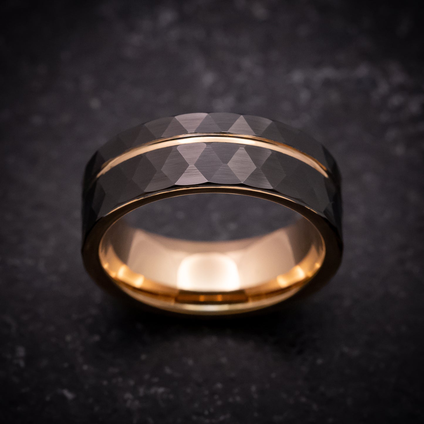 Black Tungsten Faceted Ring with Rose Gold Inlay and Sleeve