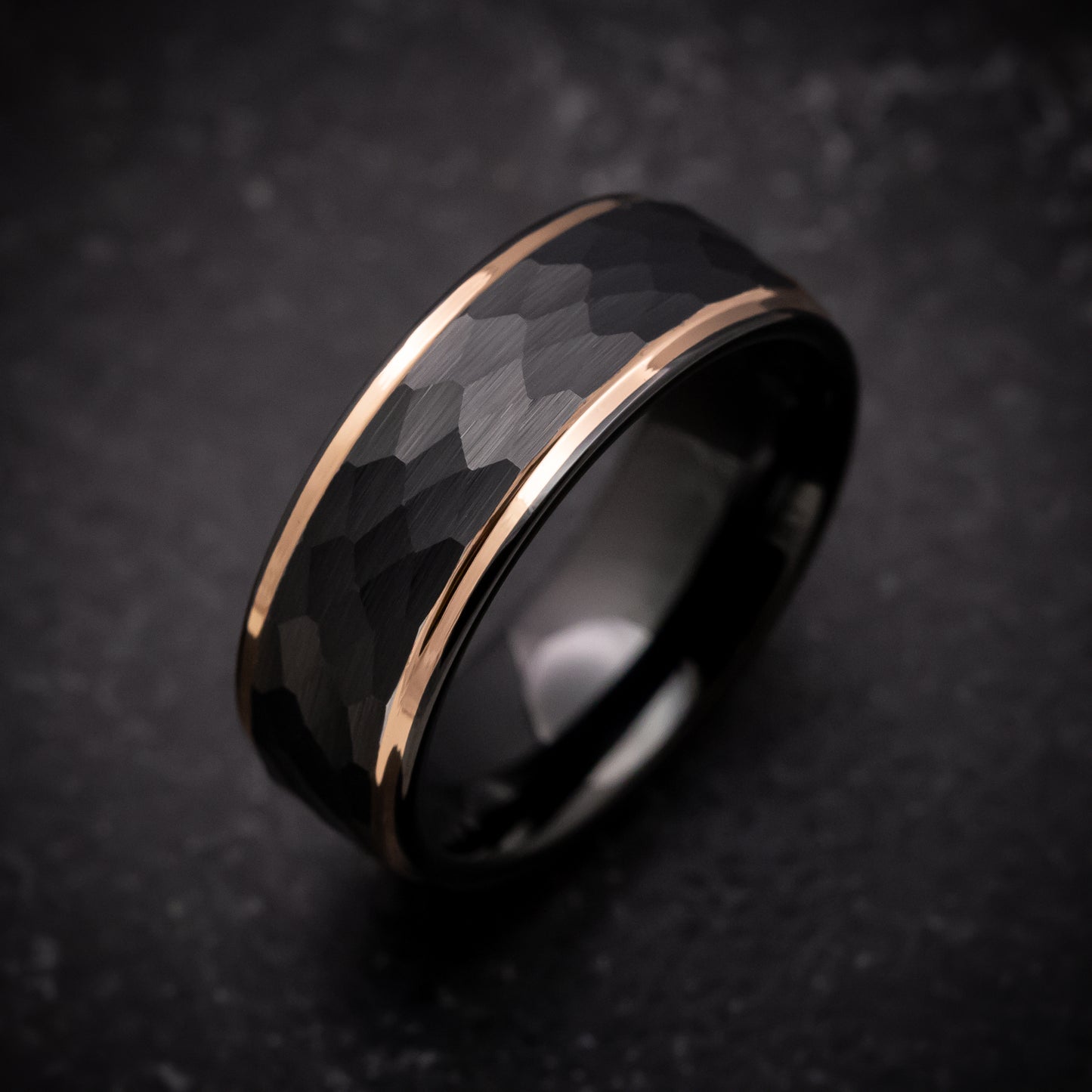 Black Tungsten Ring with Rose Gold Edges