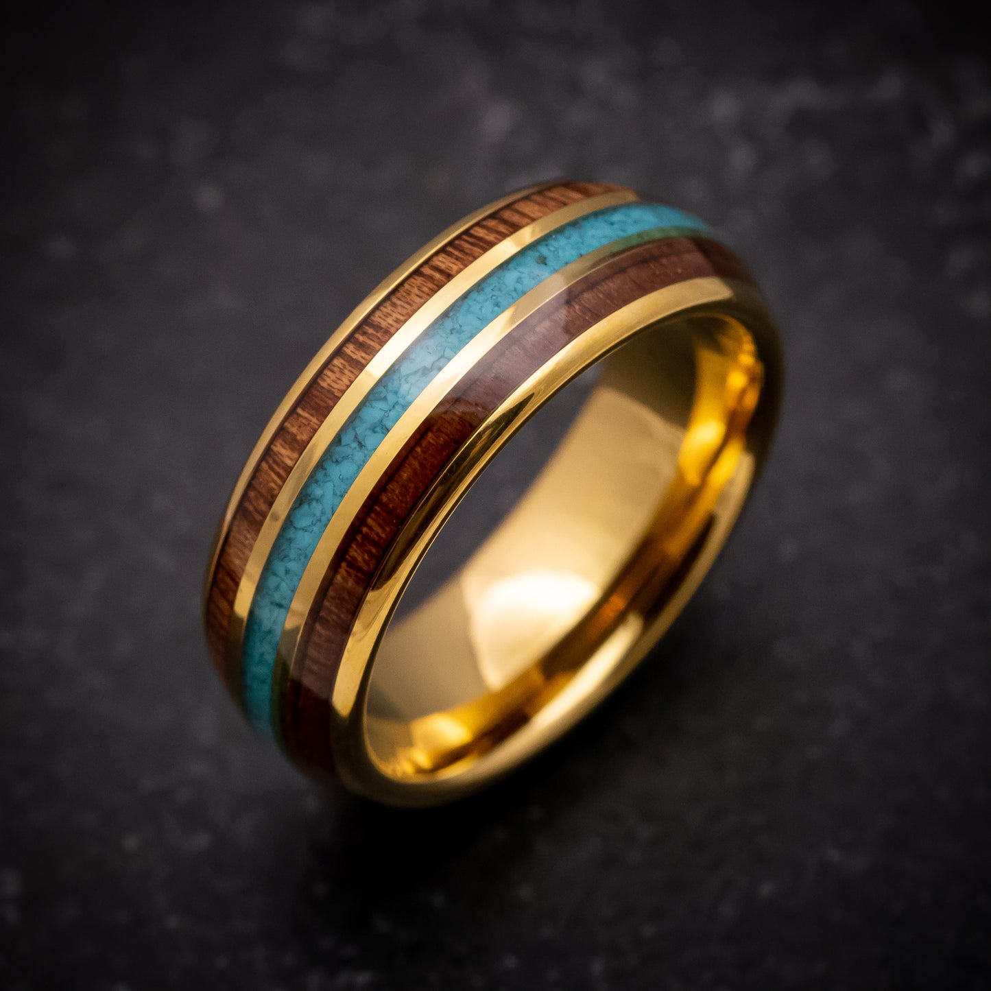 Yellow Gold Tungsten Ring with Rose Wood and Turquoise Inlays