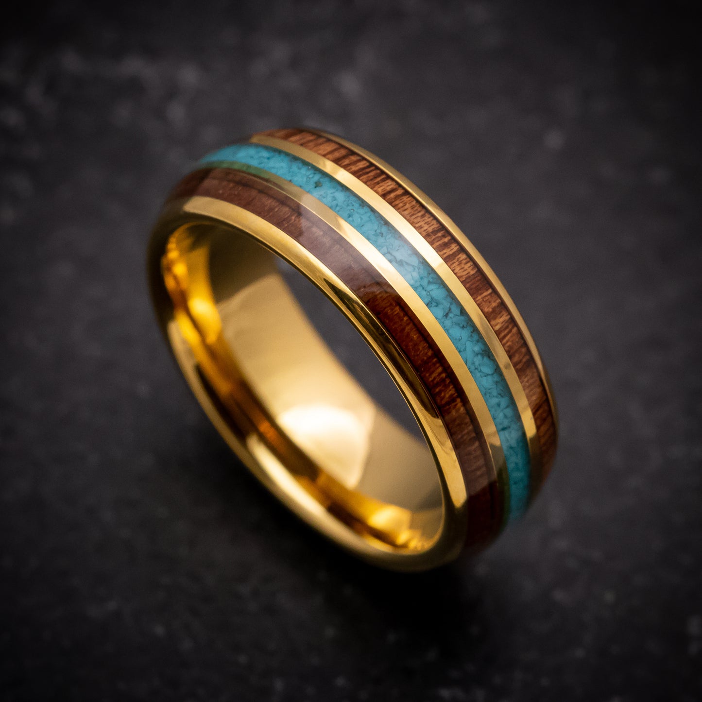 Yellow Gold Tungsten Ring with Rose Wood and Turquoise Inlays