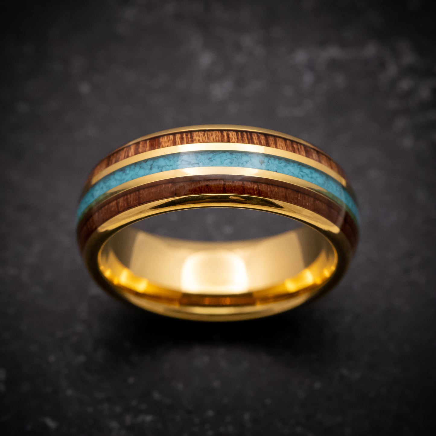 Yellow Gold Tungsten Ring with Rose Wood and Turquoise Inlays