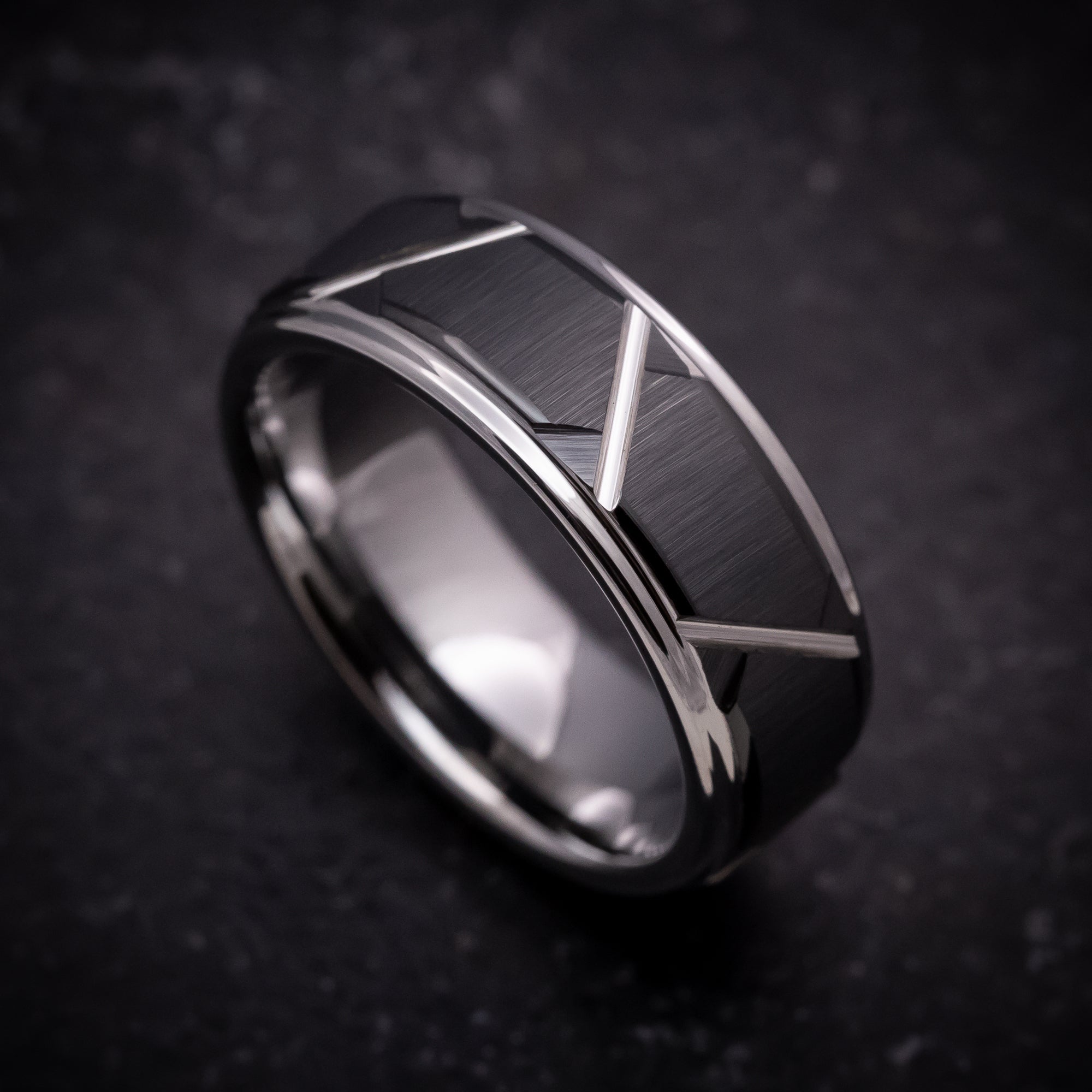 Tungsten and Black Tungsten Geometric Pattern Ring – Anthem Rings