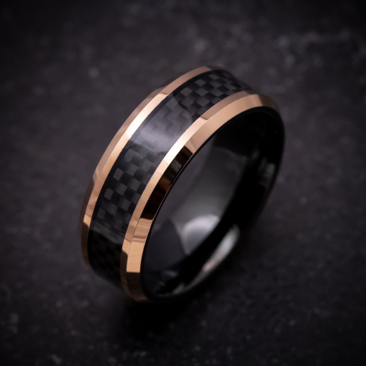 Rose Gold and Black Tungsten Ring with Carbon Fiber Inlay