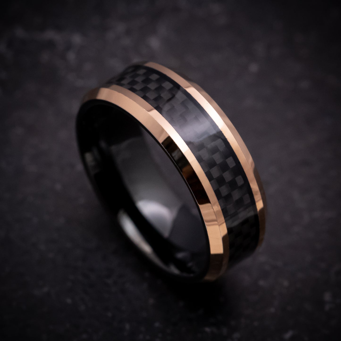 Rose Gold and Black Tungsten Ring with Carbon Fiber Inlay