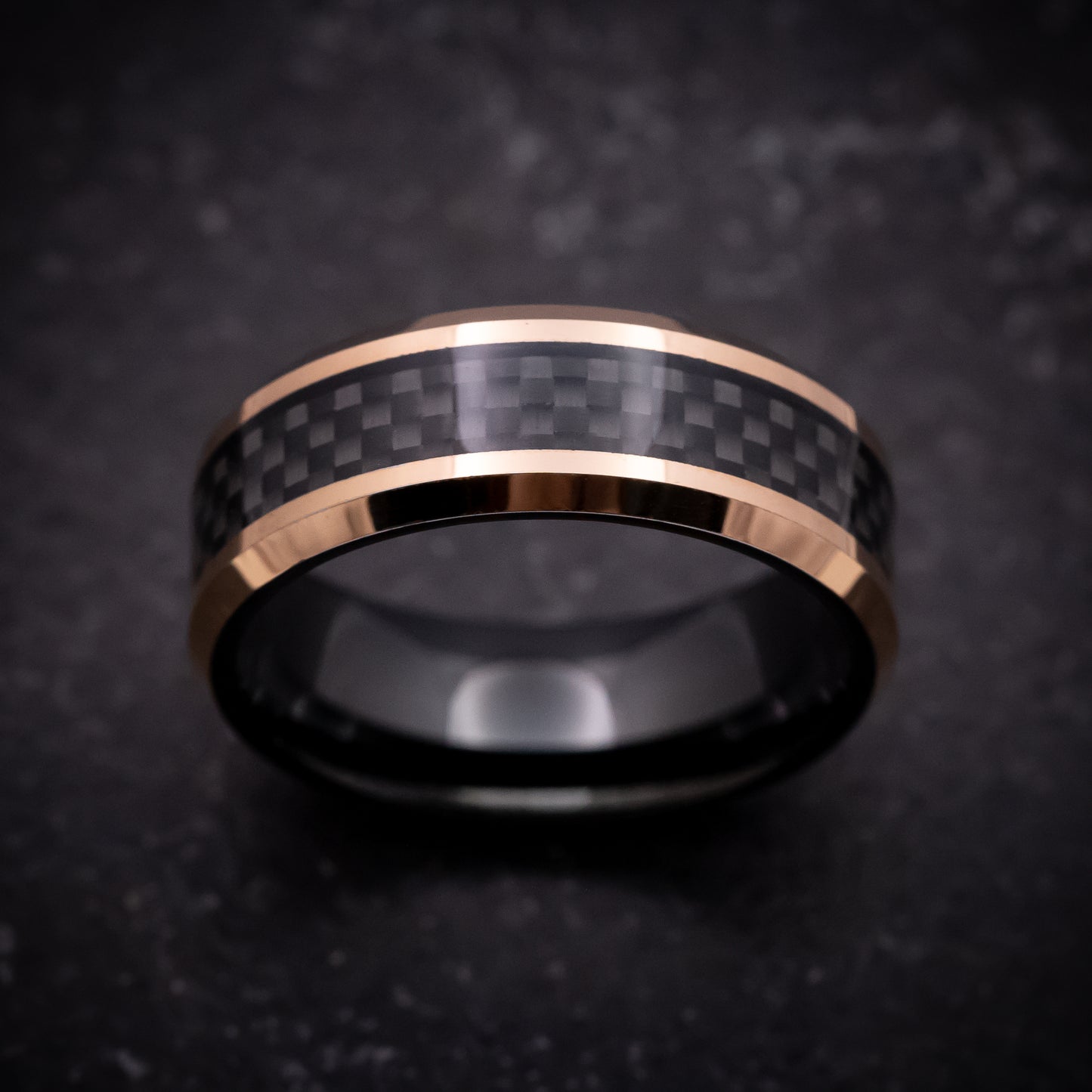 Rose Gold and Black Tungsten Ring with Carbon Fiber Inlay