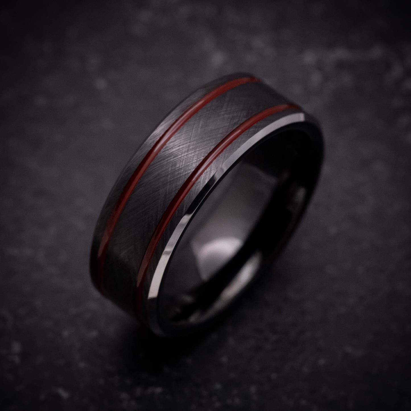 Black Tungsten Ring with Red Line Inlays