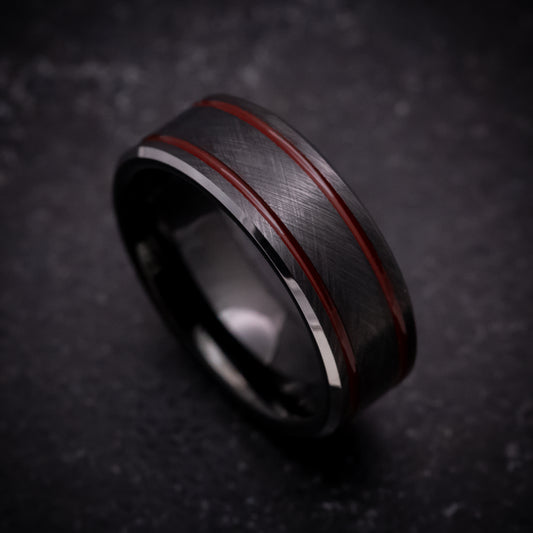 Black Tungsten Ring with Red Line Inlays