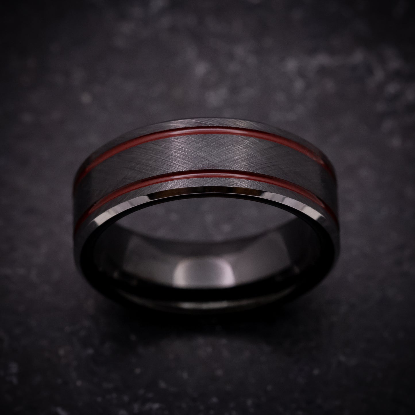 Black Tungsten Ring with Red Line Inlays