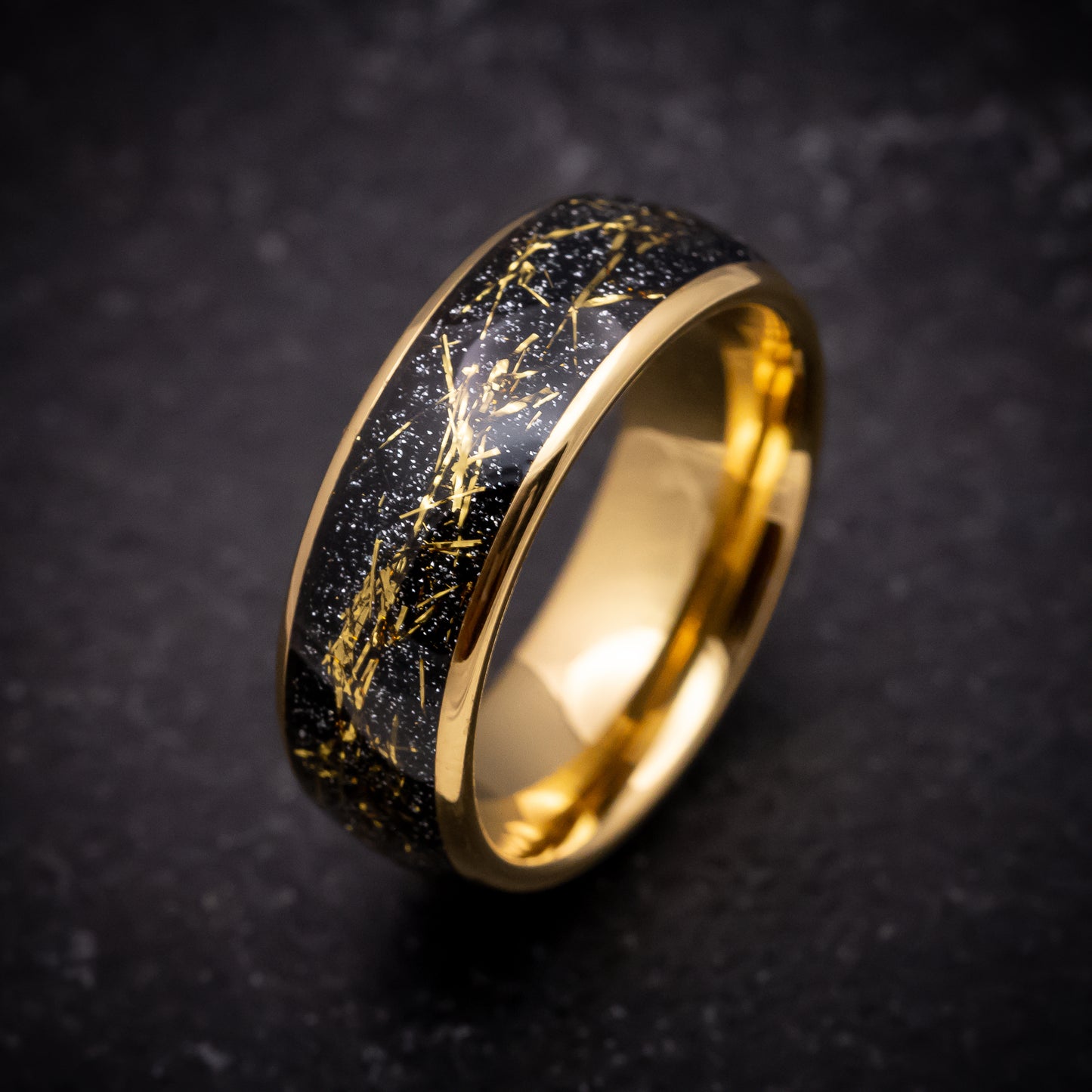 Yellow Gold Tungsten Ring with Black and Gold Galaxy Inlay