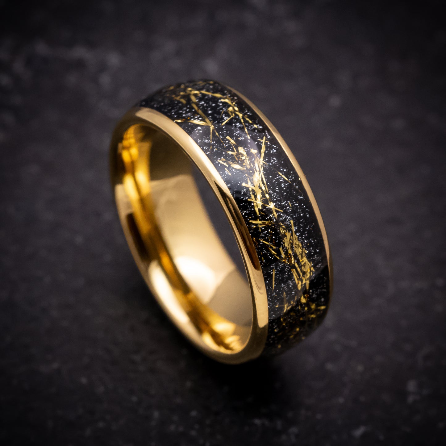 Yellow Gold Tungsten Ring with Black and Gold Galaxy Inlay